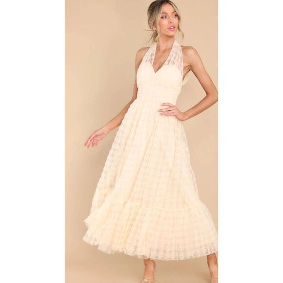 Mable Ivory over Peach Rose Tulle Maxi Dress, Halter Neck, Inset Waist with shou - Picture 2 of 11